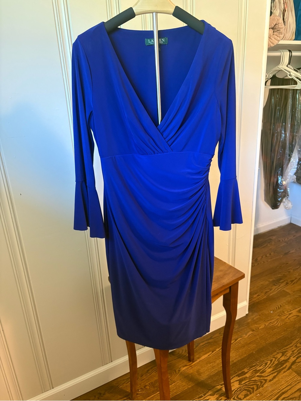 Ralph Lauren Cobalt Blue Faux-Wrap Ruched Midi Dress